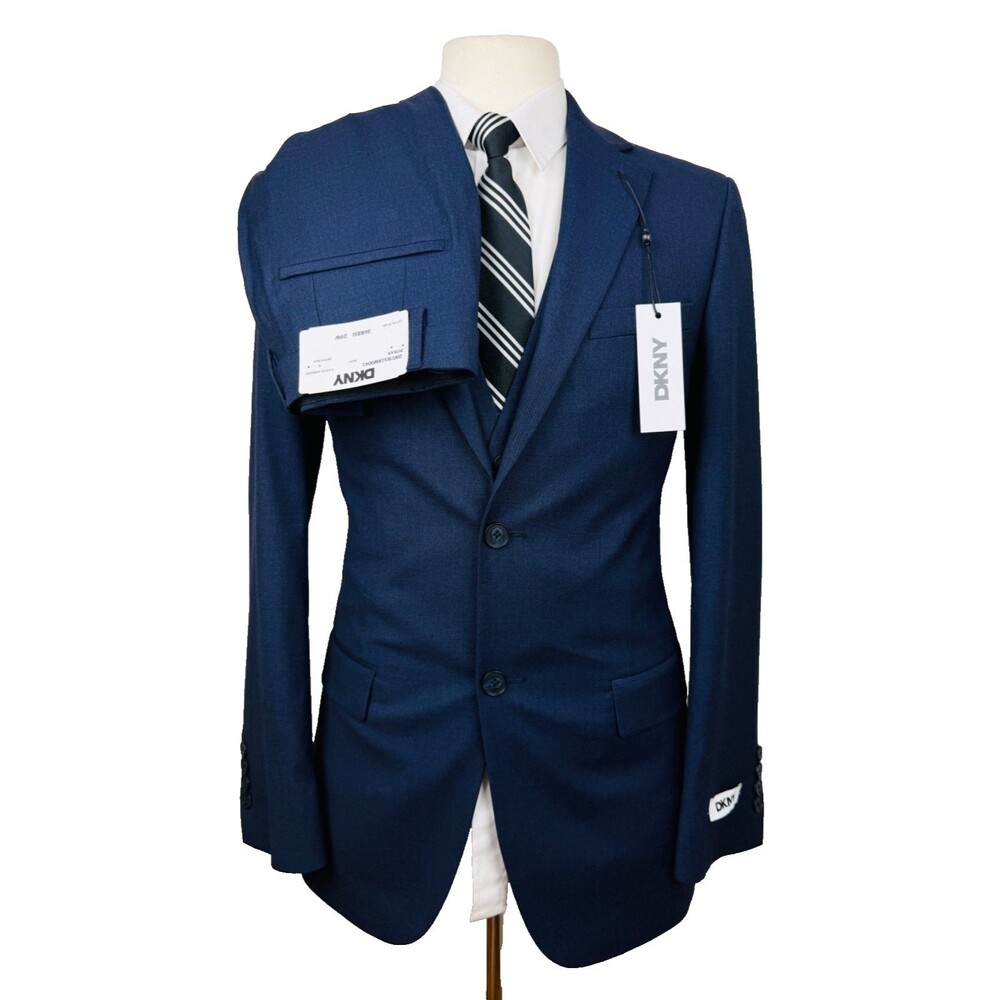 $495 NEW DKNY MENS 36R SOLID NAVY 3 PIECE SUIT WITH VEST & DRESS PANTS 29X32